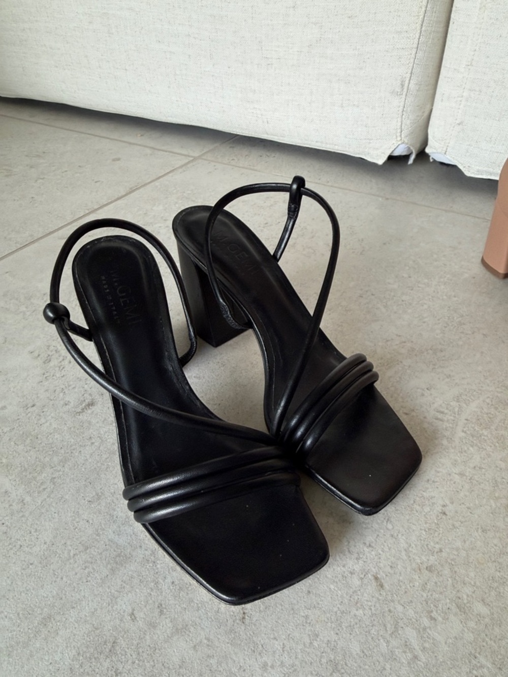 M Gemi Black Square-Toe Block Heel Slingback Sandals